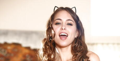 Very attractive american dark hair porn star Riley Reid in sexy undies deepthroating big dick and takes a cum blast on face 